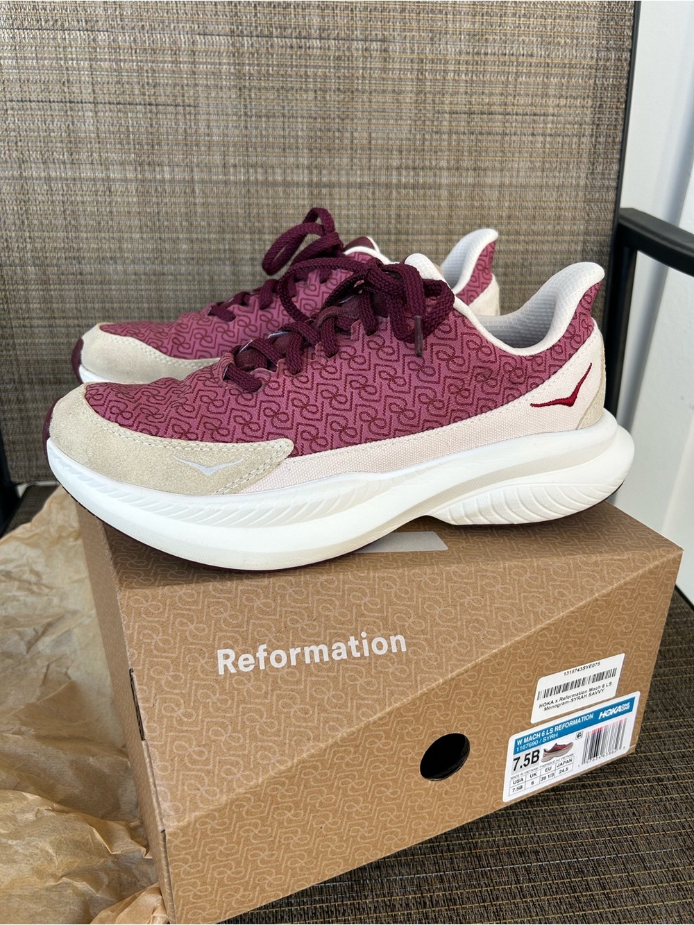 Like new HOKA One Mach 6 size 7.5 Reformation X LS Monogram Sneakers pink white